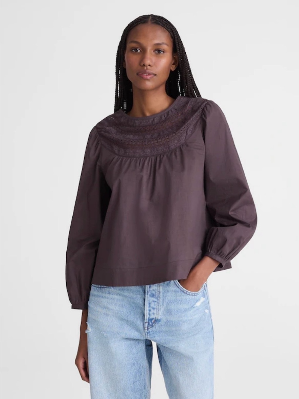 Madewell Lace Yoke Long-Sleeve Top - Plum
